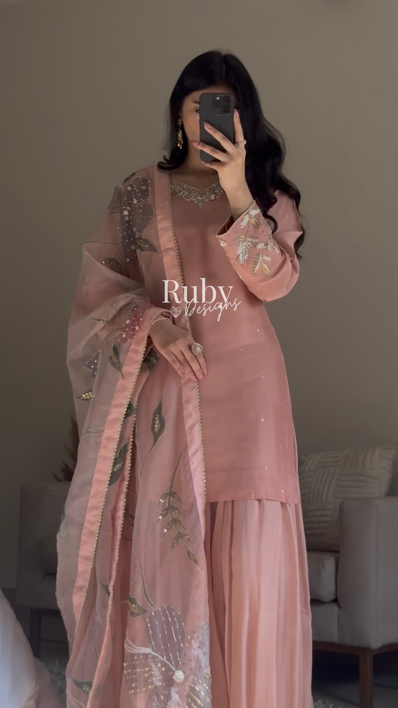 ZAIRA Rose - 3 Piece Chiffon Sharara Suit with Hand Painted Dupatta