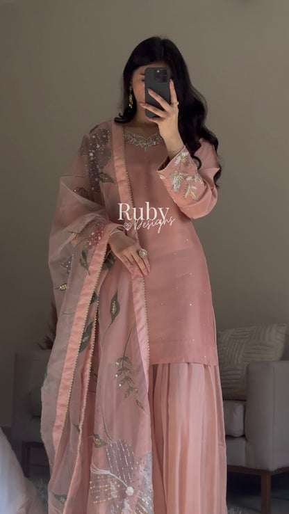 ZAIRA Rose - 3 Piece Chiffon Sharara Suit with Hand Painted Dupatta
