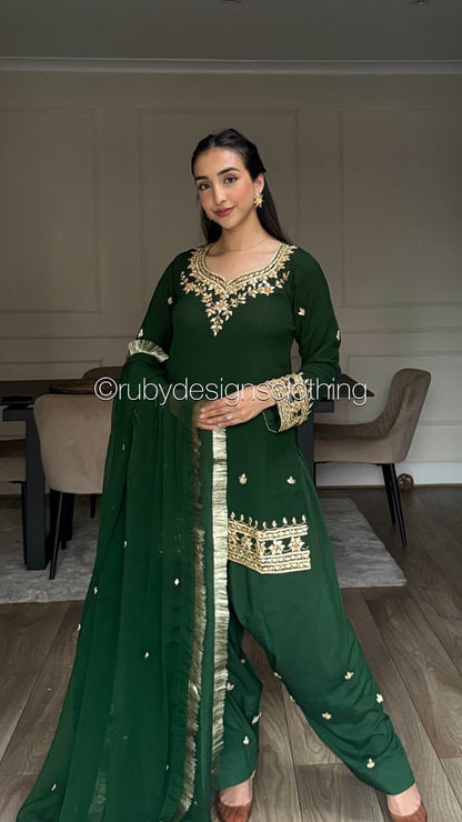 SAJAL Emerald - 3 Piece Chiffon Suit with Farshi Shalwar and Gota Handwork