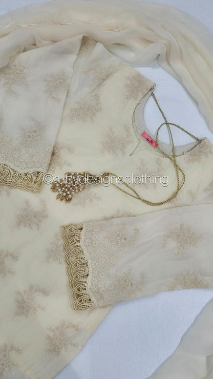Vanilla Mist - 3 Piece Chikankari Suit with Farshi Shalwar