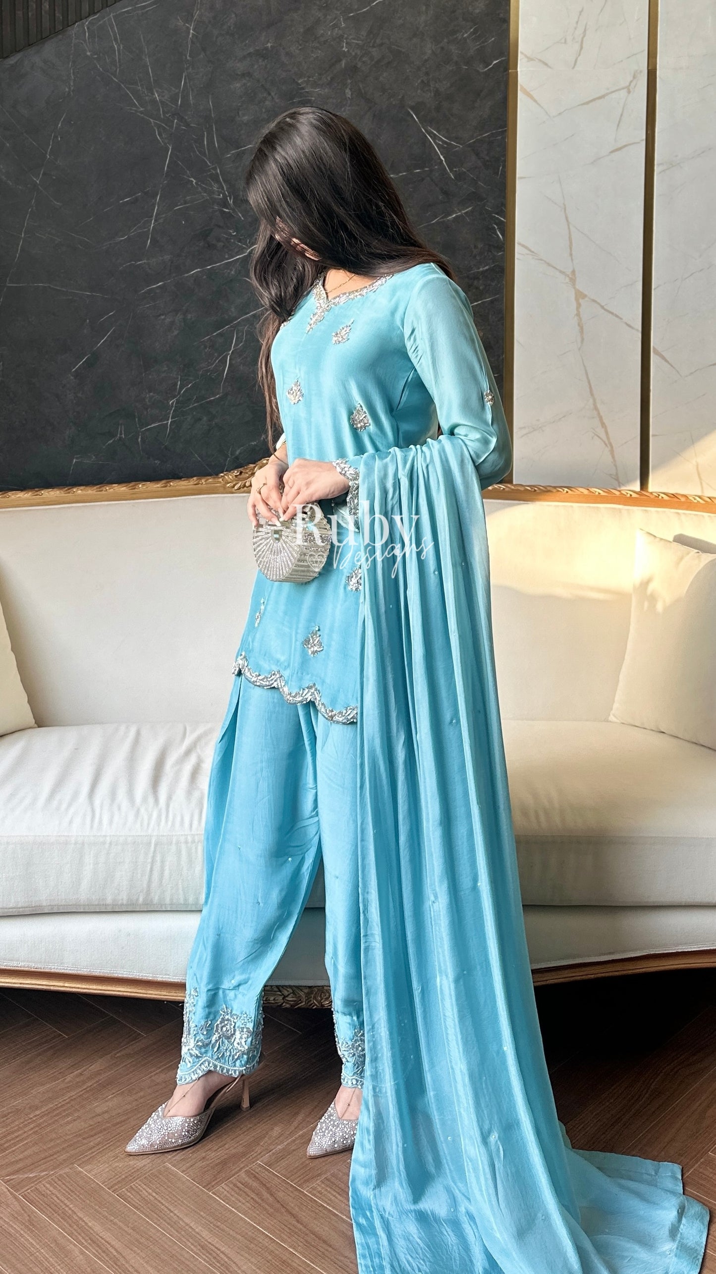 ATIFA Sky - 3 Piece Silk Suit with Shalwar