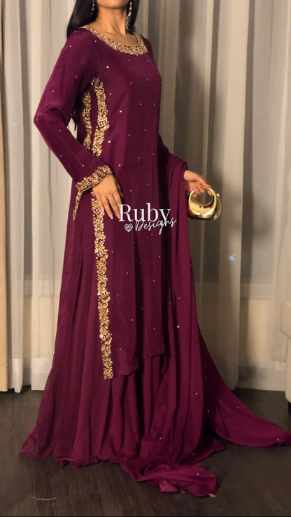 ZAINA Mulberry - 3 Piece Silk Suit with Gold Handwork