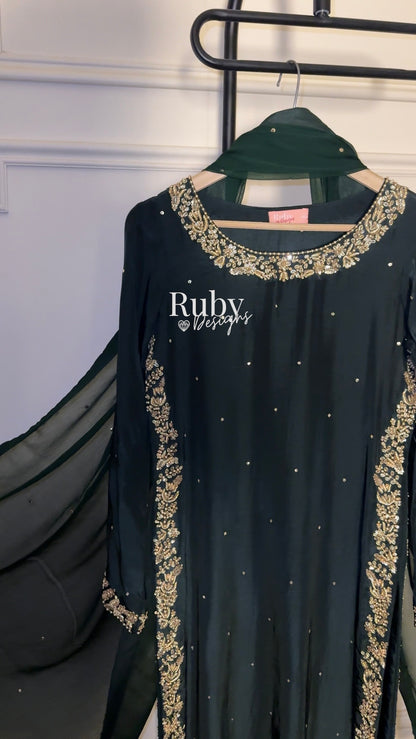 ZAINA Emerald - 3 Piece Silk Suit with Gold Handwork