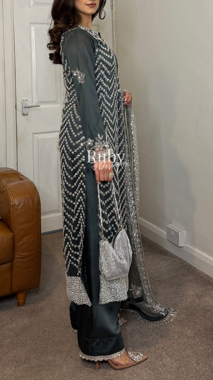 IZMA Smoke - 3 Piece Net Suit with Wide Leg Trousers