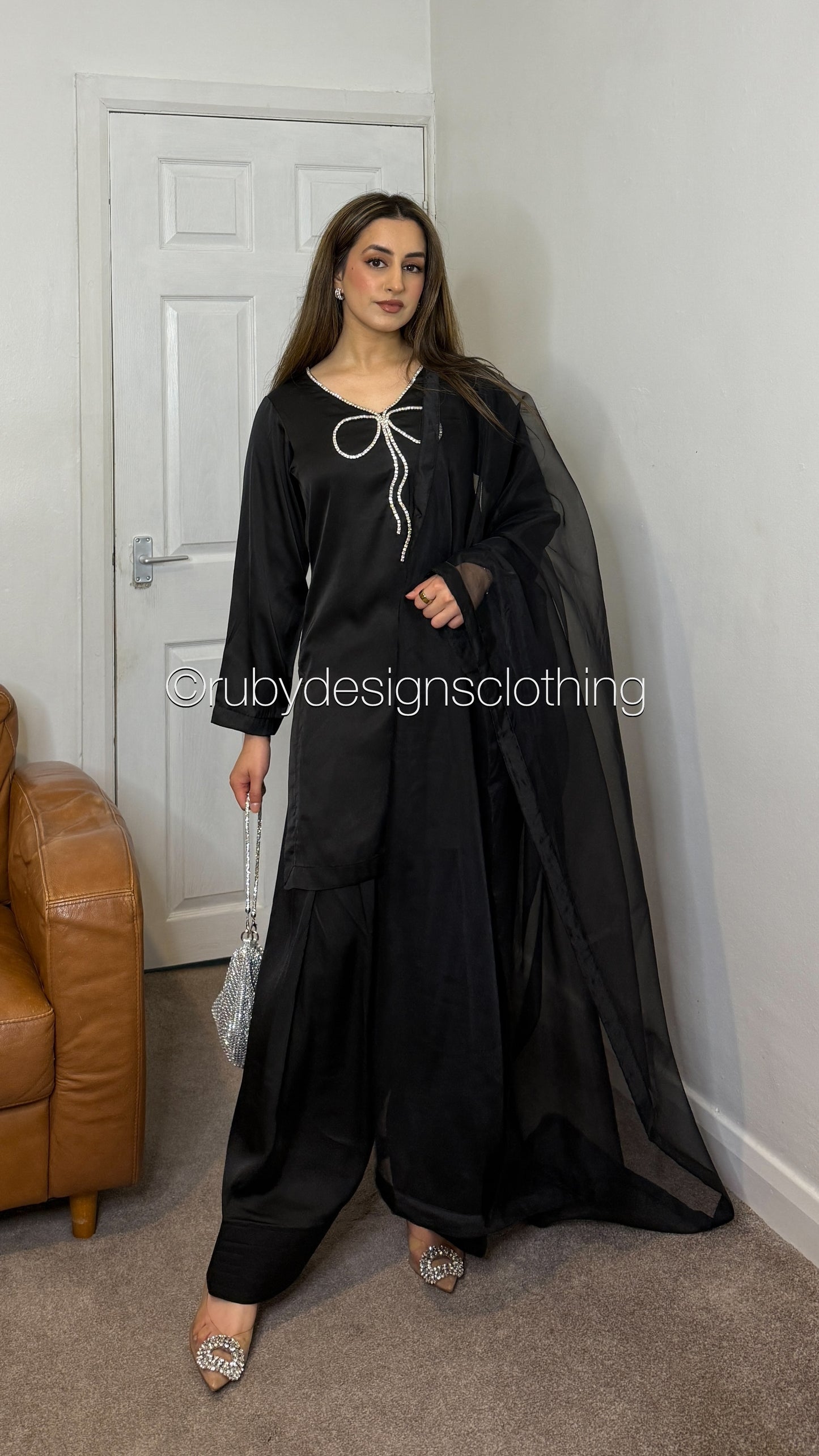 ZARA Noir - 3 Piece Silk Suit with Farshi Shalwar and Bow Detail