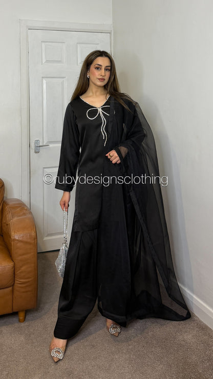 ZARA Noir - 3 Piece Silk Suit with Farshi Shalwar and Bow Detail