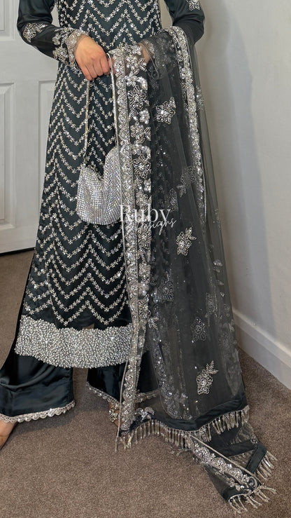 IZMA Smoke - 3 Piece Net Suit with Wide Leg Trousers