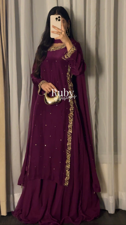 ZAINA Mulberry - 3 Piece Silk Suit with Gold Handwork