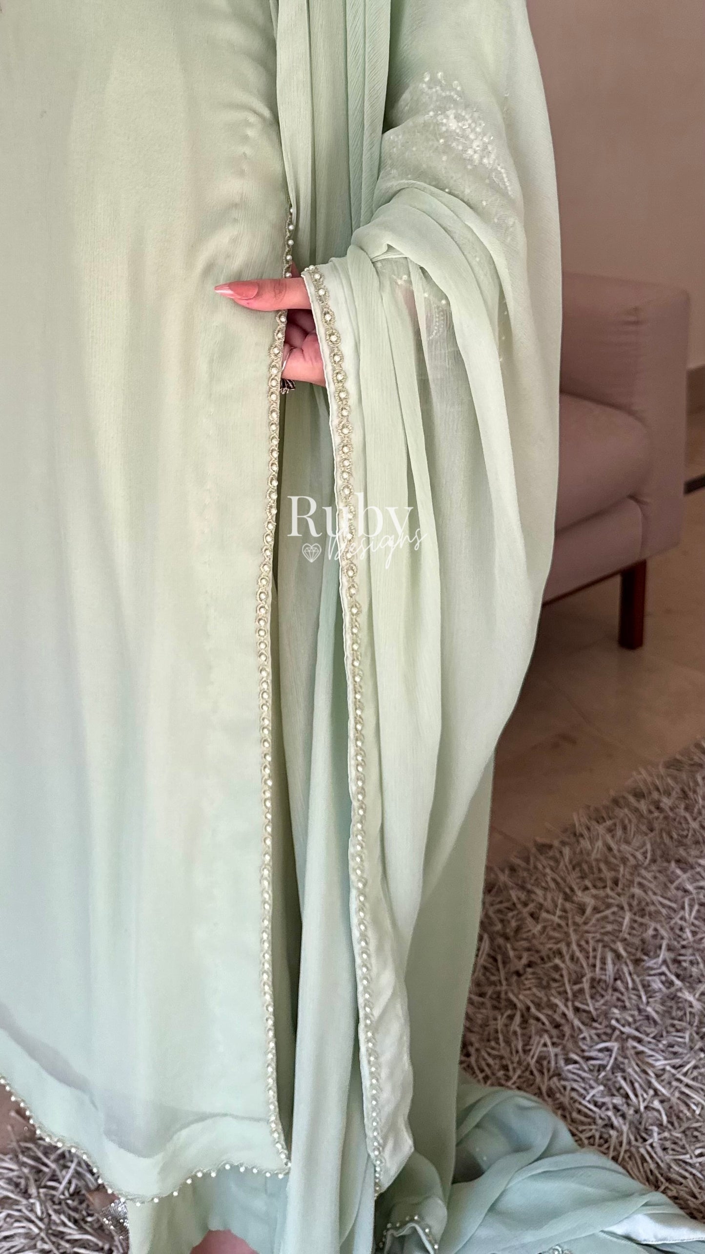 AREEN Mint - 3 Piece Chiffon Suit with Pearl and Stone Handwork