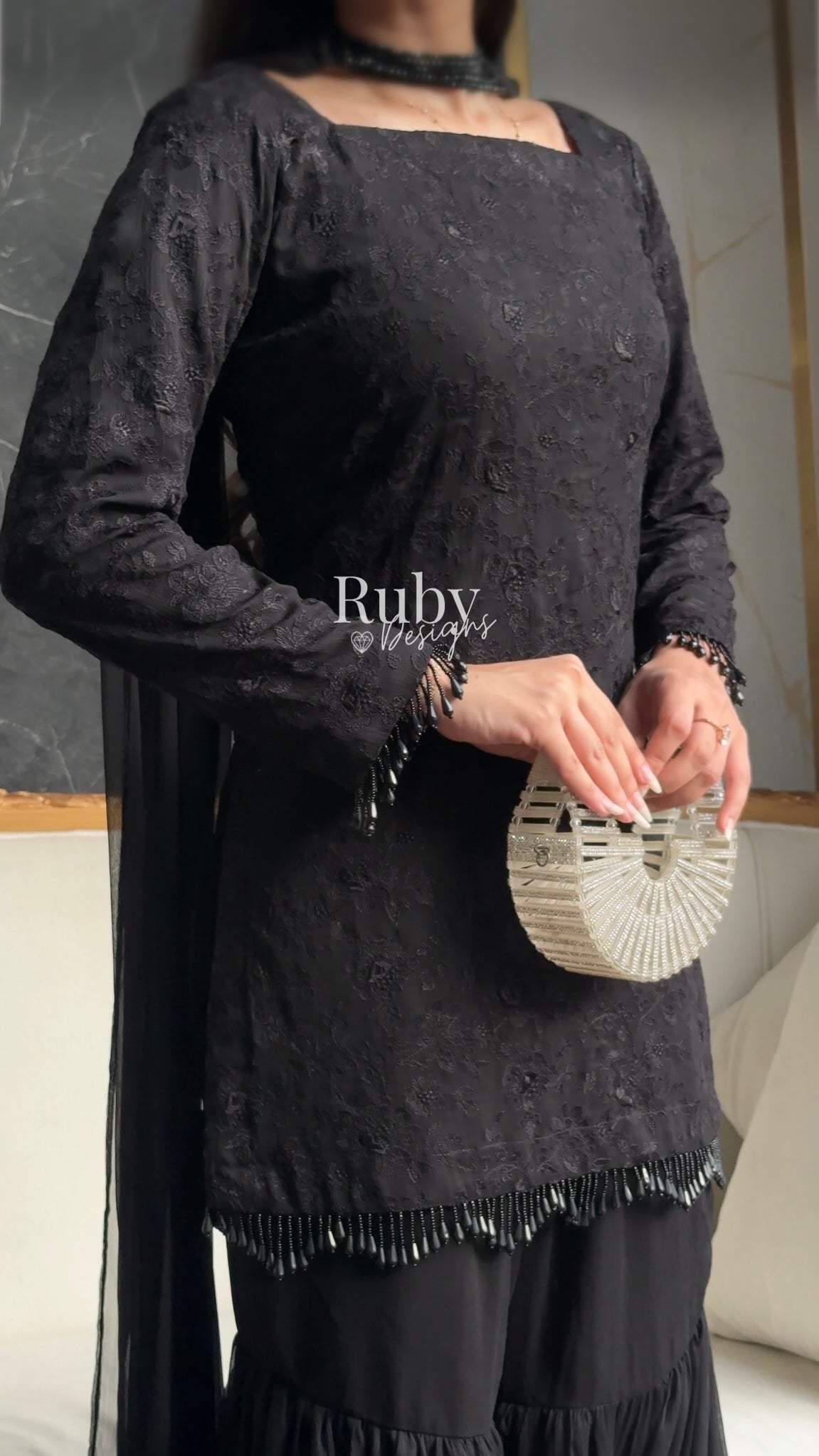 FARYAL Noir - 3 Piece Chiffon Suit with Tiered Sharara