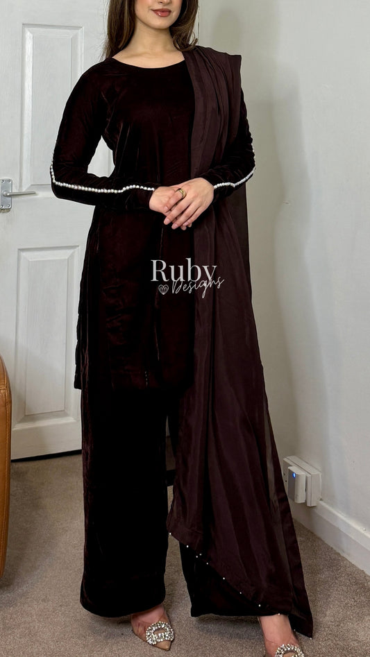 ADILA - 3 Piece Deep Brown Luxury Velvet Suit with Pearls