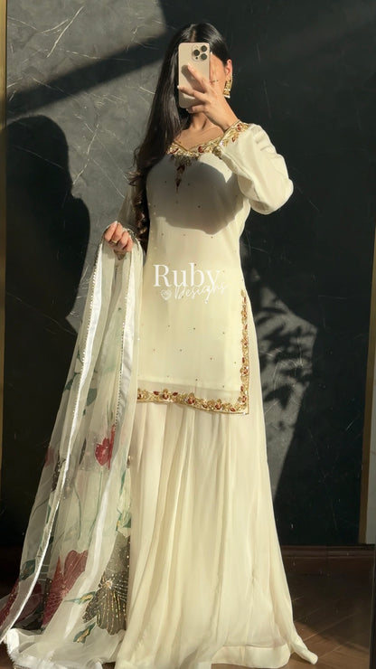 ZAIRA Ivory - 3 Piece Chiffon Sharara Suit with Hand Painted Dupatta