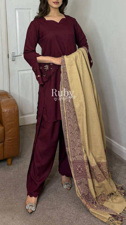 RIHAM - 3 Piece Maroon Marina Suit with Shawl