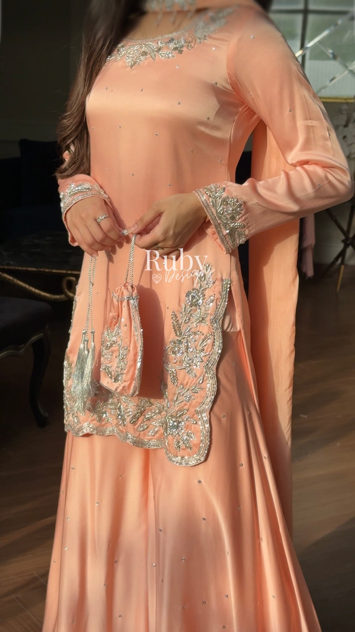 PARISA Peach - 4 Piece Silk Suit with Matching Potli Bag