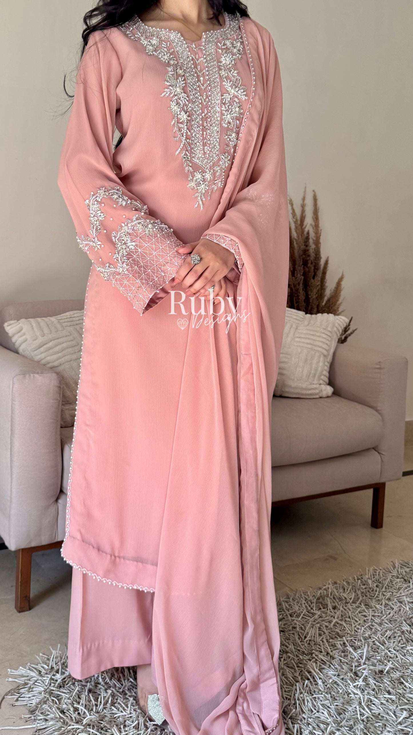 AREEN Blush - 3 Piece Chiffon Suit with Pearl and Stone Handwork