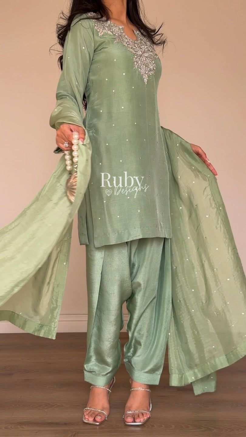 MARWA - 3 Piece Sage Green Silk Suit with Shalwar