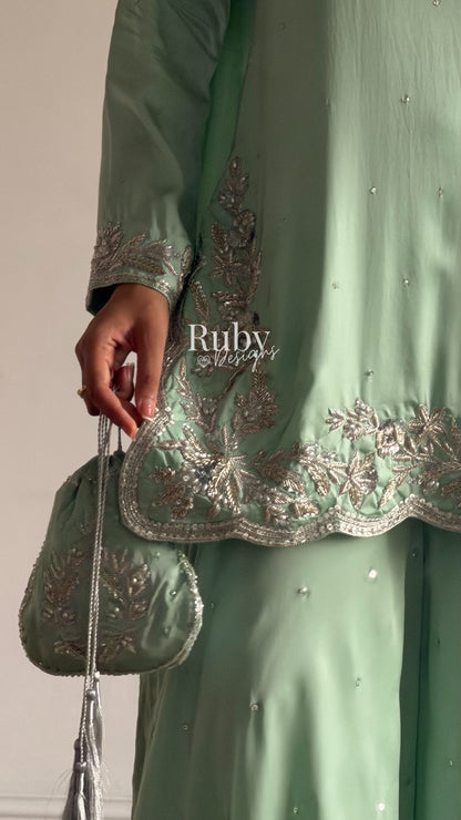 PARISA Sage - 4 Piece Silk Suit with Matching Potli Bag