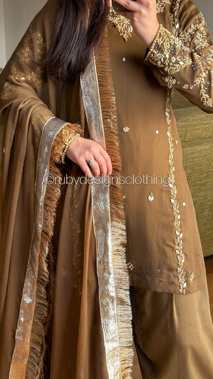 NAYRA Style 3 (Short Shirt) - 3 Piece Khaki Chiffon Suit with Shalwar