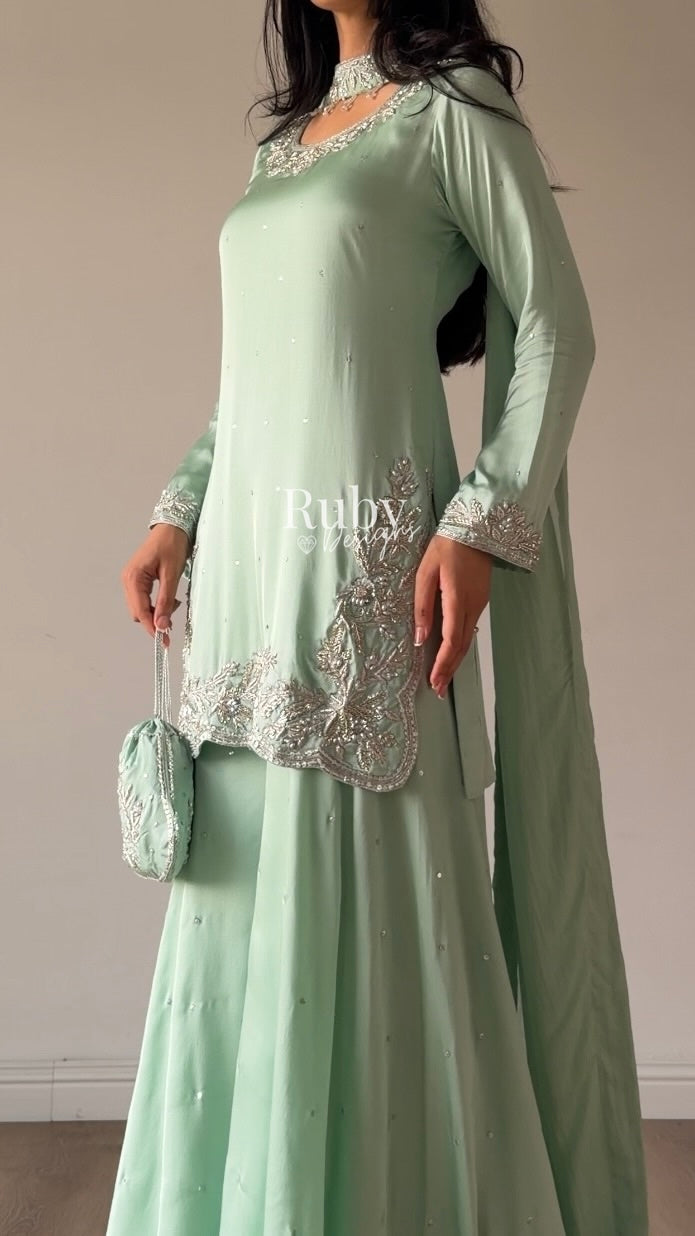 PARISA Sage - 4 Piece Silk Suit with Matching Potli Bag