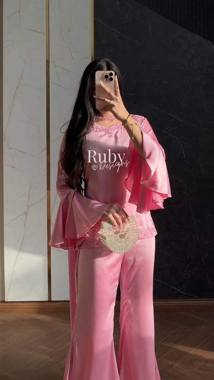 KAREENA Pink - 3 Piece Silk Suit with Crystal Choker Dupatta