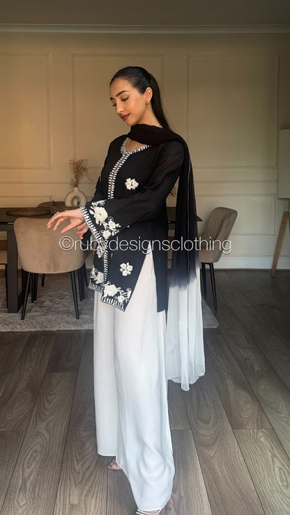 RAYA Noir  - 3 Piece Swiss Lawn Suit with Flowy Wide-Leg Pants