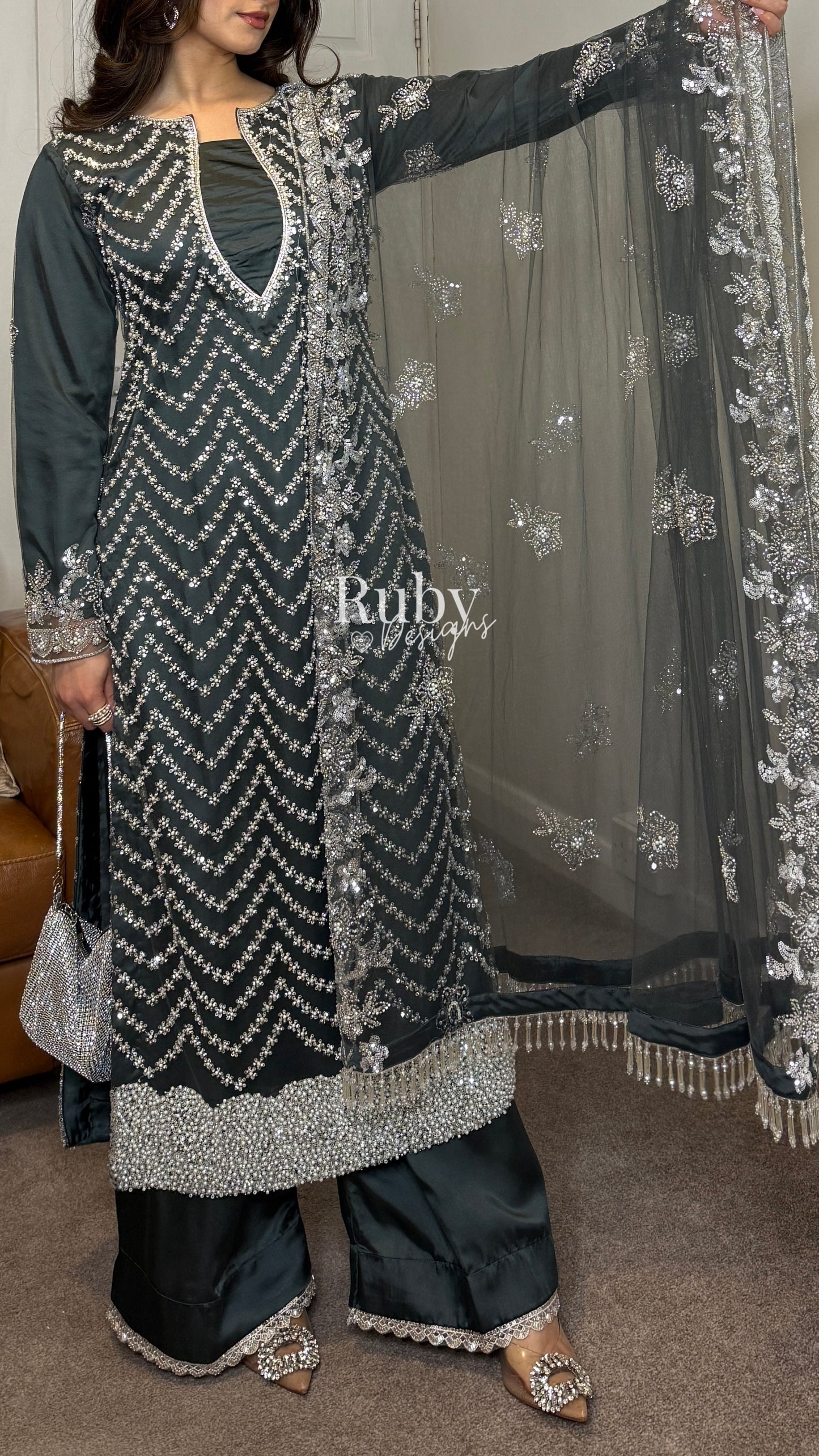 IZMA Smoke - 3 Piece Net Suit with Wide Leg Trousers