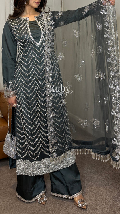 IZMA Smoke - 3 Piece Net Suit with Wide Leg Trousers