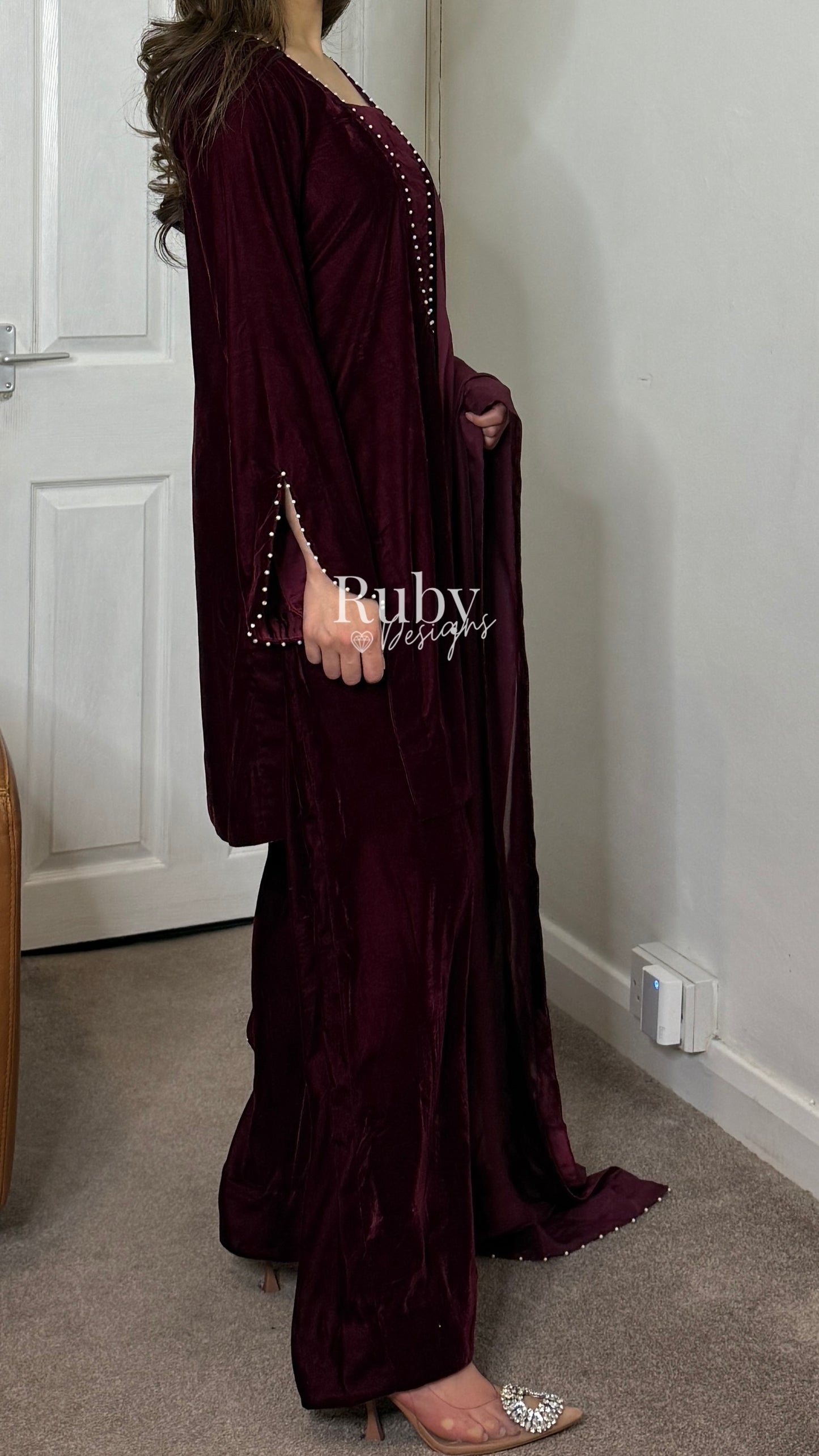 ANUM - 3 Piece Maroon Luxury Velvet Suit with Pearls