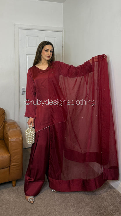 LAYLA Dusk - 3 Piece Silk Suit with Farshi Shalwar and Silver Gota Trim
