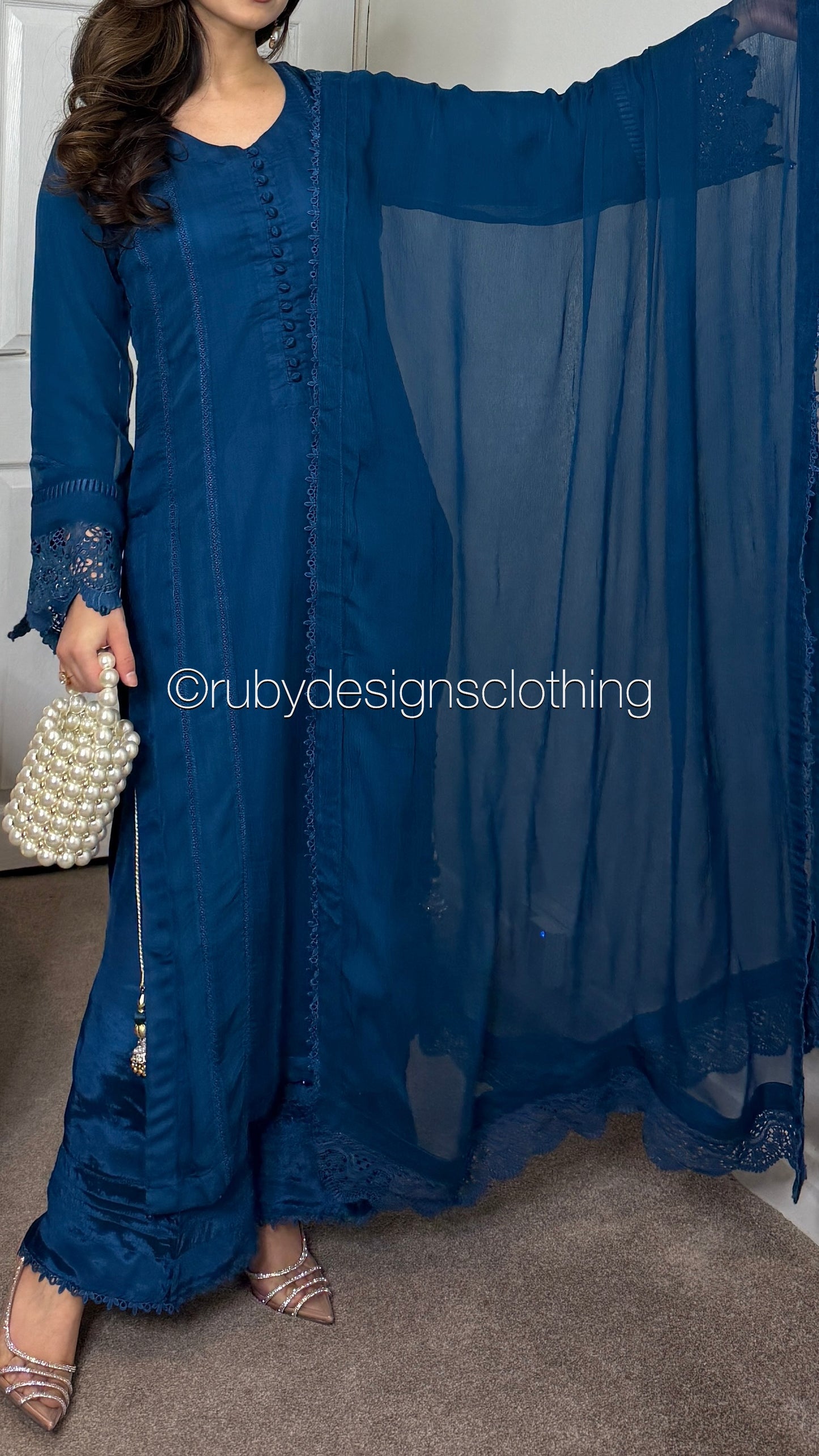 MINHA Teal - 3 Piece Chiffon Suit with Cutwork