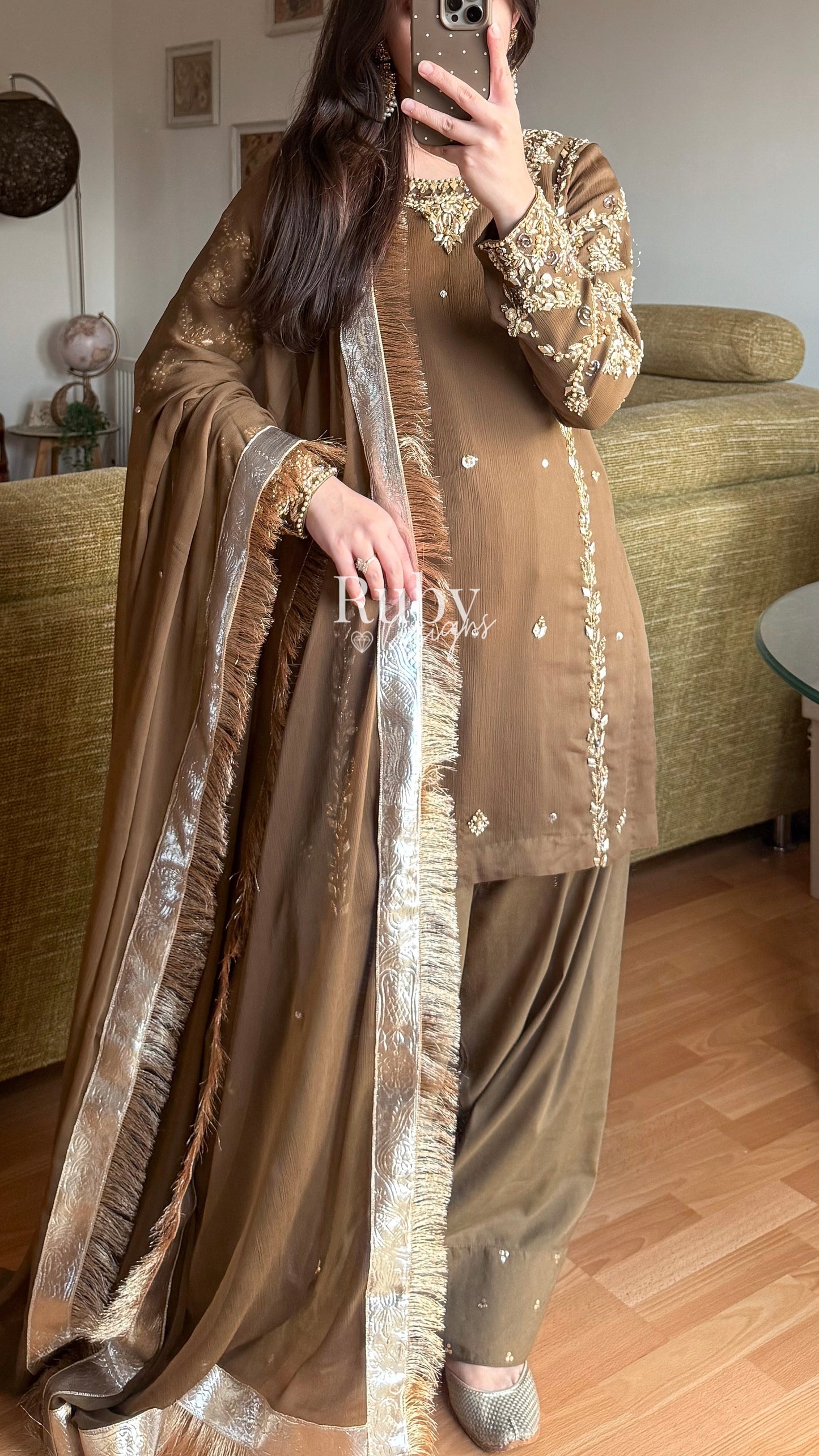 NAYRA Style 3 (Short Shirt) - 3 Piece Khaki Chiffon Suit with Shalwar
