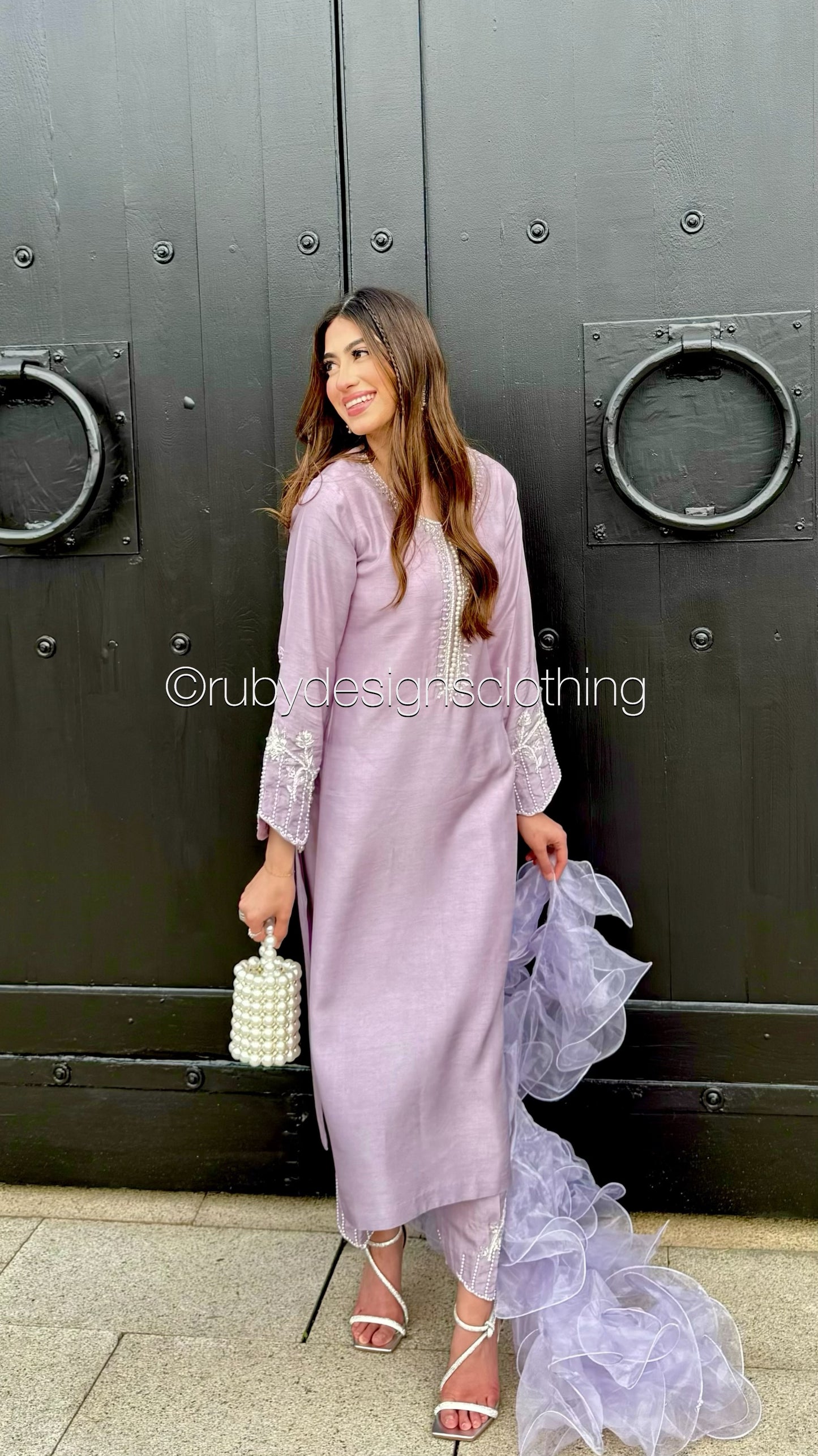 MIRAY Lilac - 3 Piece Luxury Korean Raw Silk Suit with Ruffle Dupatta