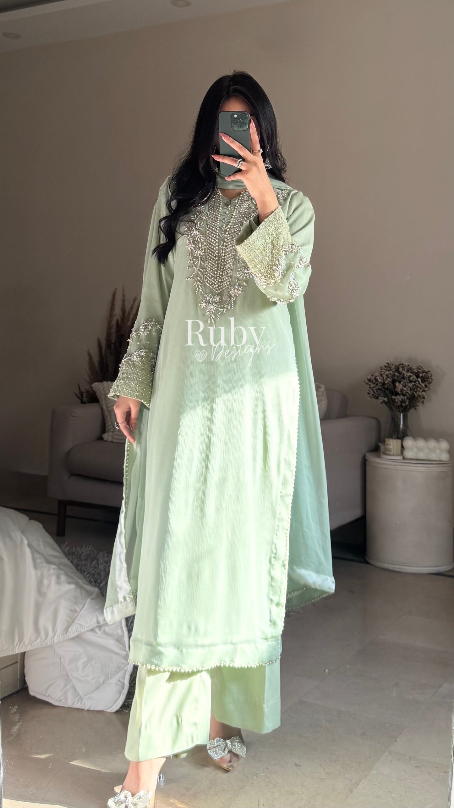 AREEN Mint - 3 Piece Chiffon Suit with Pearl and Stone Handwork