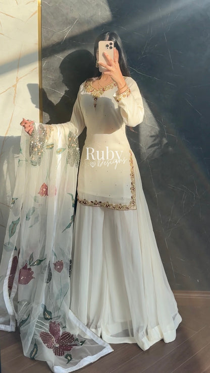 ZAIRA Ivory - 3 Piece Chiffon Sharara Suit with Hand Painted Dupatta