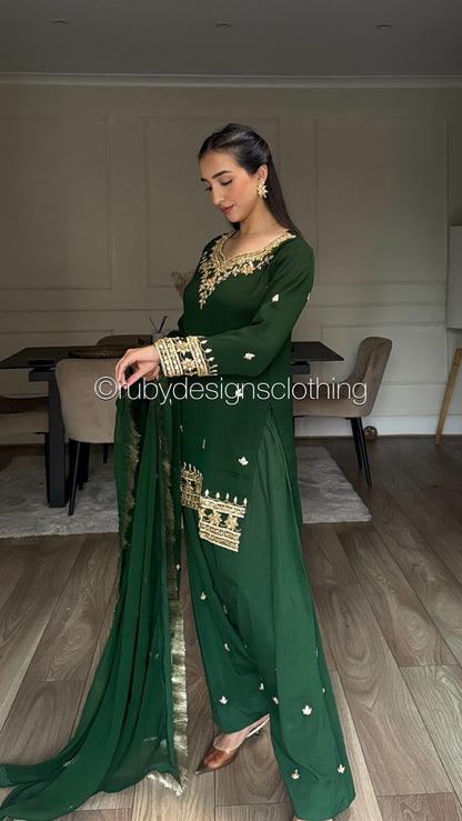 SAJAL Emerald - 3 Piece Chiffon Suit with Farshi Shalwar and Gota Handwork