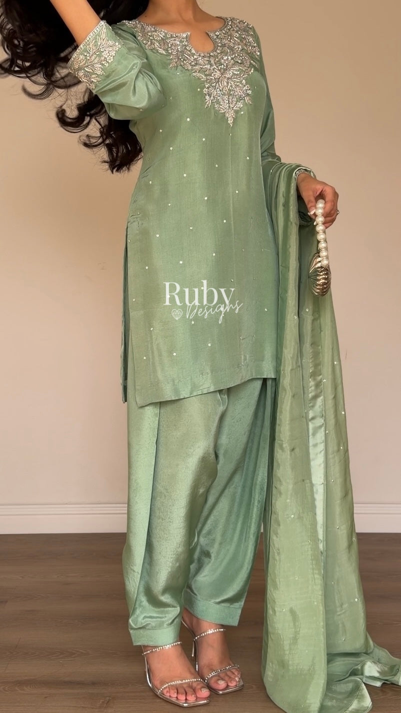 MARWA - 3 Piece Sage Green Silk Suit with Shalwar
