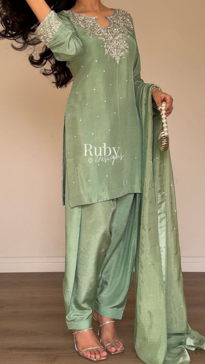 MARWA - 3 Piece Sage Green Silk Suit with Shalwar