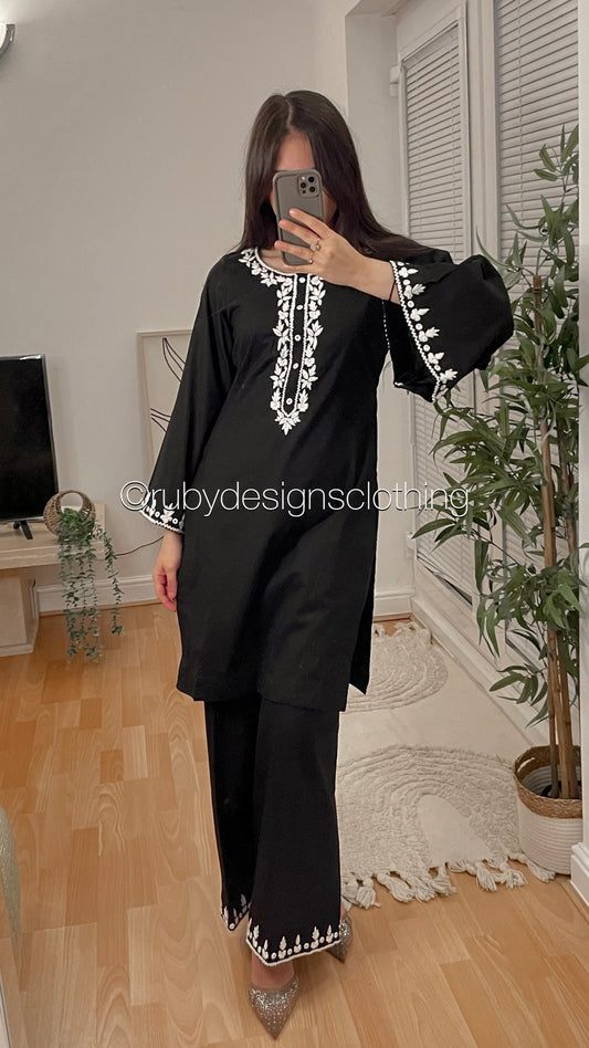 YARA - 3 Piece Black Cotton Suit with Chiffon Dupatta
