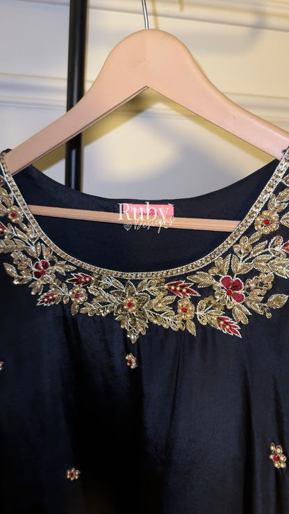 MEHRA - 3 Piece Black Silk Suit with Organza Dupatta