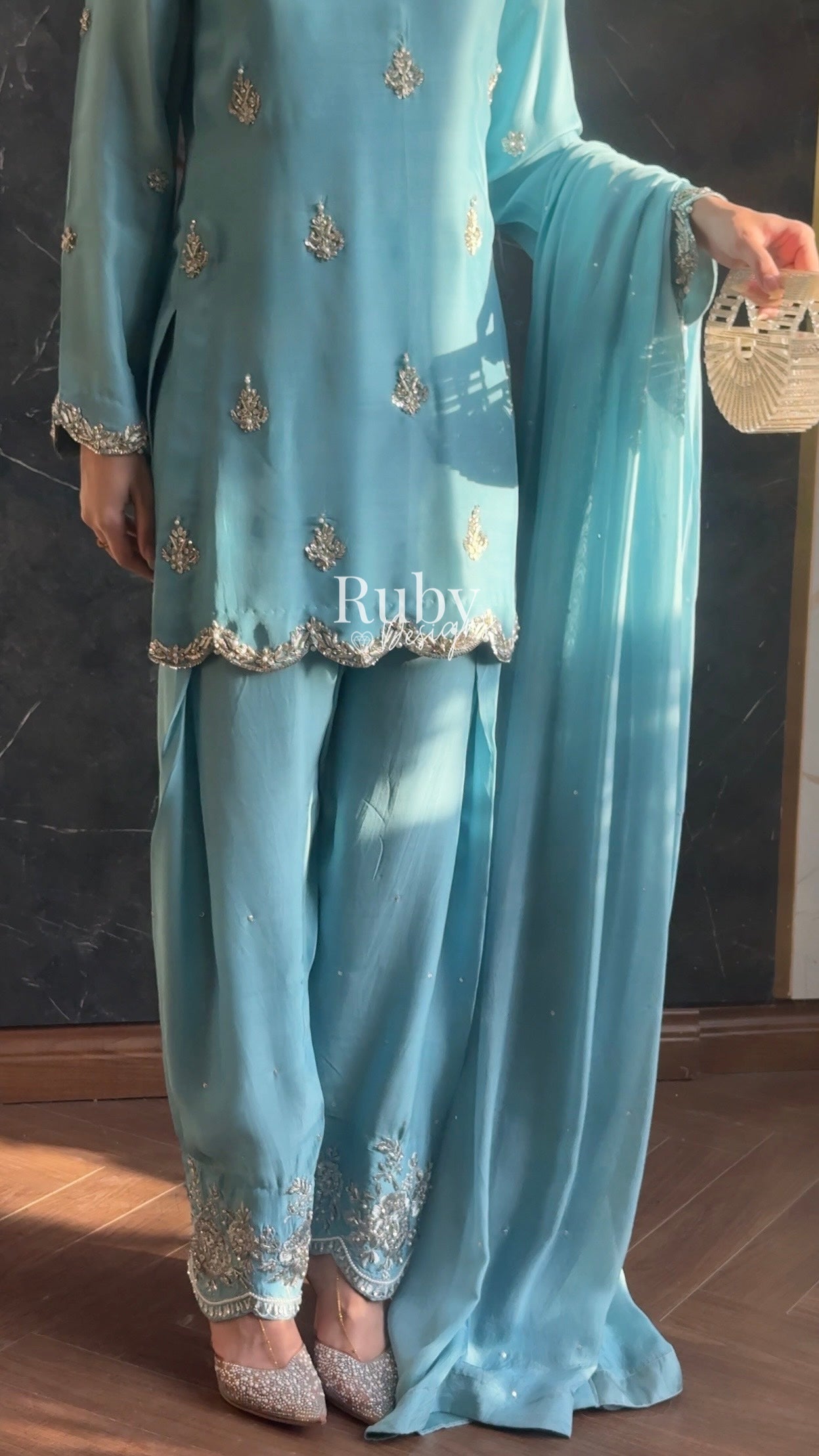 ATIFA Sky - 3 Piece Silk Suit with Shalwar