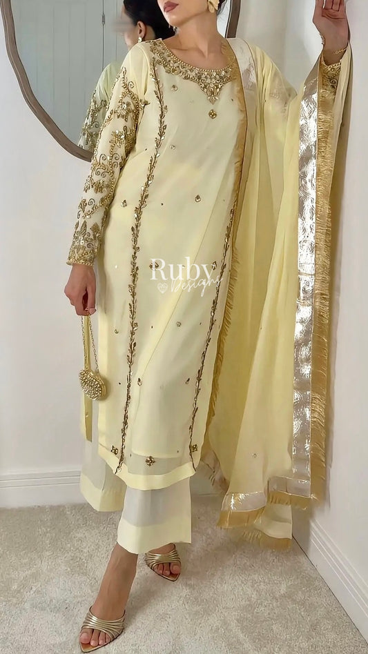 NAYRA Butter Silhouette 2 (Long Kameez) - 3 Piece Chiffon Suit with Trouser