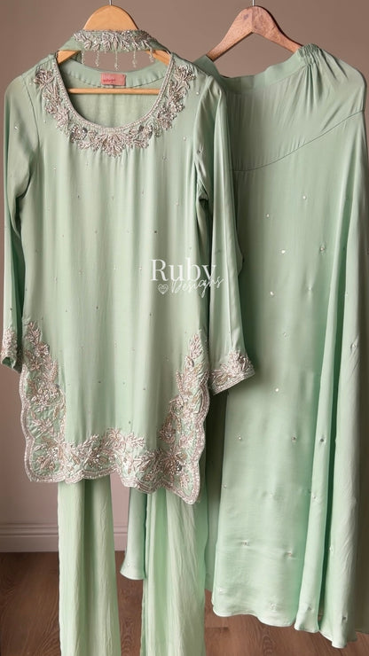 PARISA Sage - 4 Piece Silk Suit with Matching Potli Bag