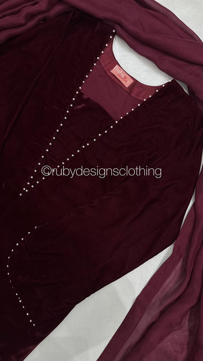 ANUM - 3 Piece Maroon Luxury Velvet Suit with Pearls