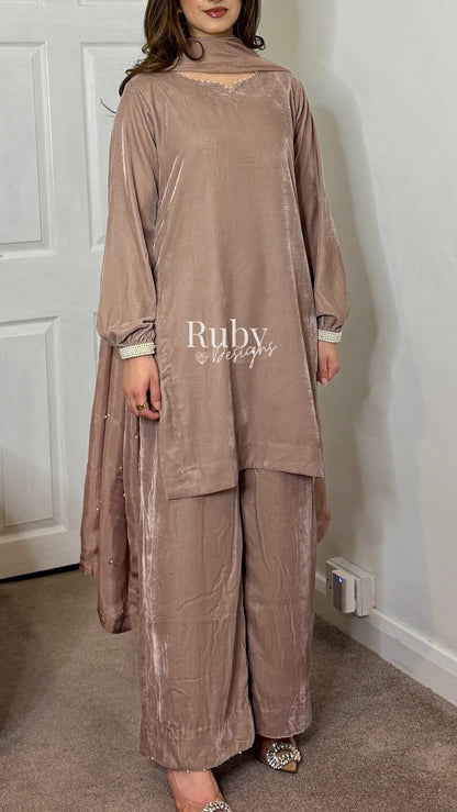 ALIA - 3 Piece Nude Luxury Velvet Suit with Pearls