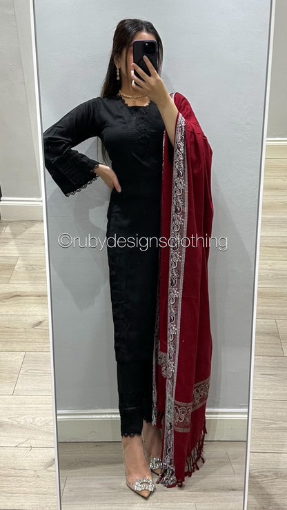 3 Piece Black Linen Suit with Red Shawl (8746844225749)