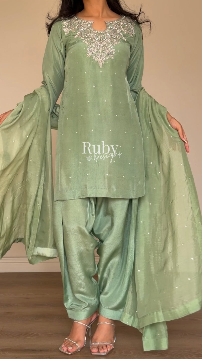 MARWA - 3 Piece Sage Green Silk Suit with Shalwar