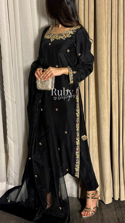 MEHRA - 3 Piece Black Silk Suit with Organza Dupatta