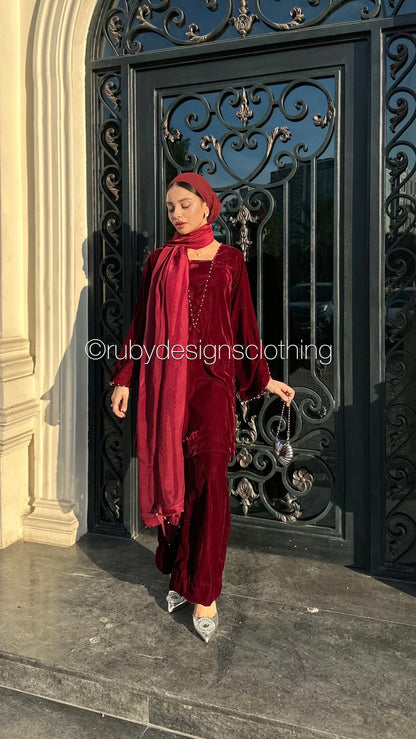 ANUM - 3 Piece Maroon Luxury Velvet Suit with Pearls