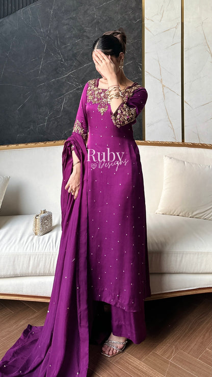 HANIA Plum - 3 Piece Silk Suit with Straight Trouser