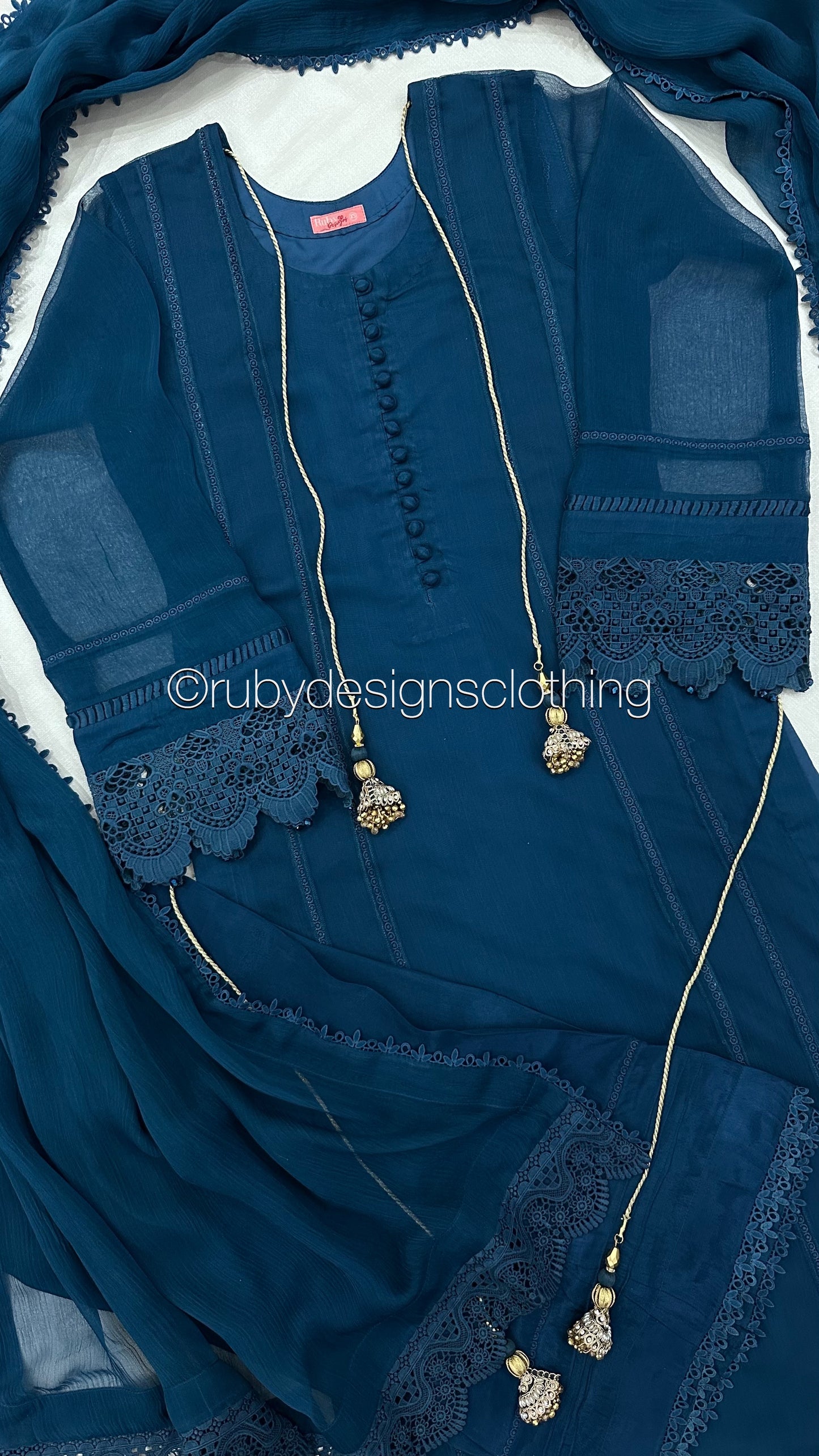 MINHA Teal - 3 Piece Chiffon Suit with Cutwork